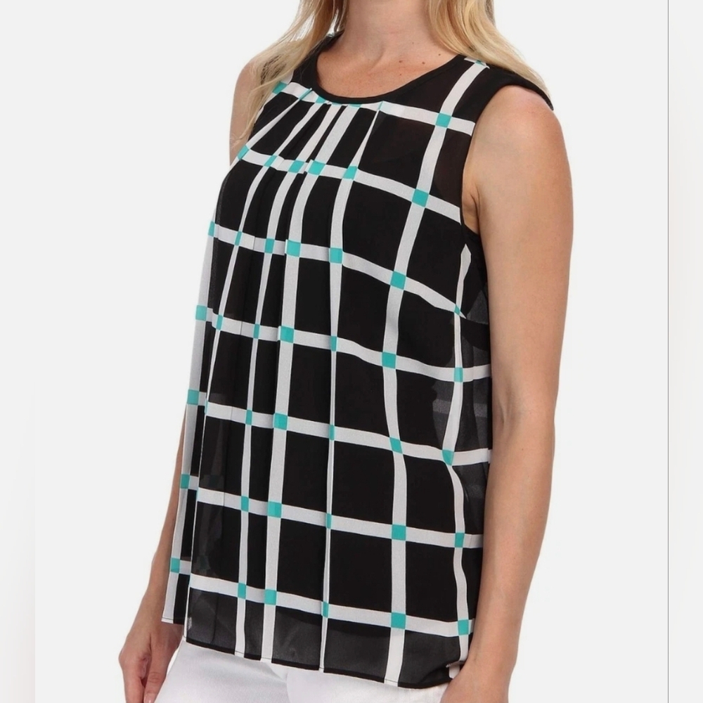 Michael Kors Black and White Checkered Sleeveless Blouse MEDIUM